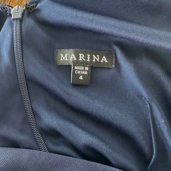 Marina Women’s Chiffon Navy Faux Wrap Dress with Jeweled Broach Size 4 EUC - Picture 6 of 7